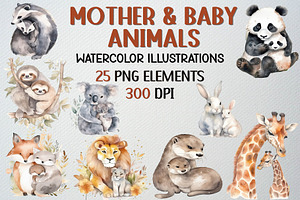 Watercolor Mother And Baby Animals