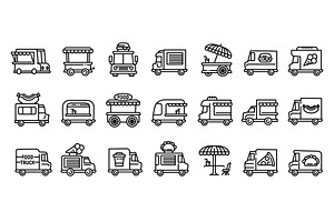 Food truck icons set, outline style, a Food Illustration by Ylivdesign