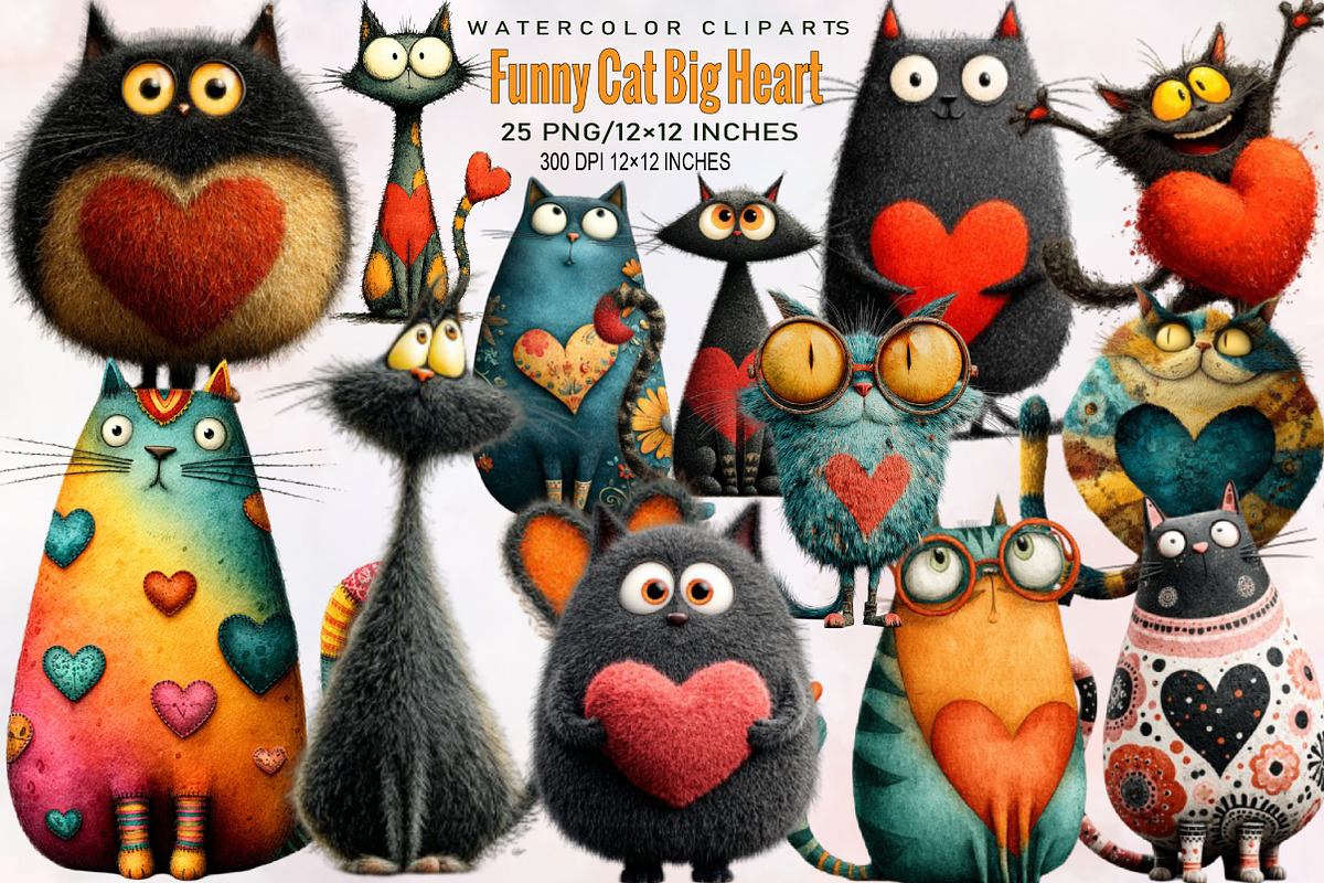 Funny Cat Big Heart Clipart Bundle., an Illustration by SVGArt (Photo 1 of 8)