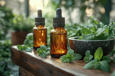 Small bottles of mint essential oil with mint leaves in mortar, a Nature Photo by AlyaAnd