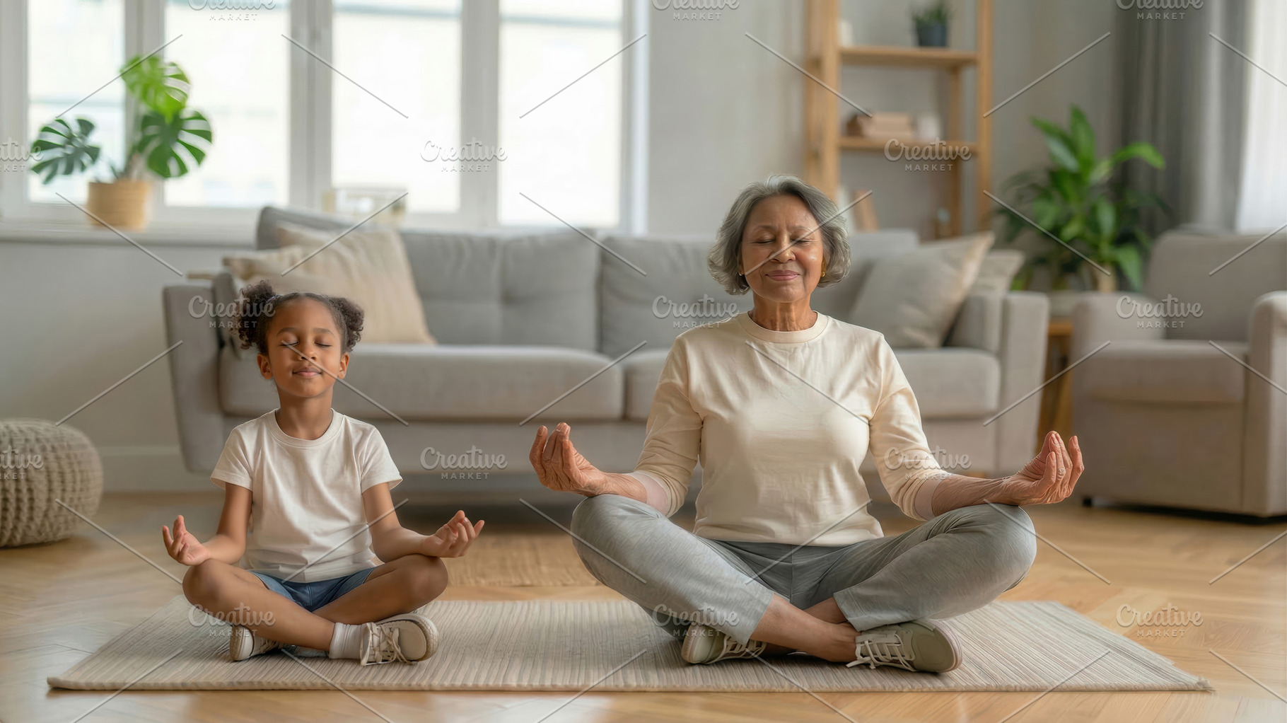Grandmother and Child Practicing Meditation at Home, a Health & Medical Photo by Davizro's Market