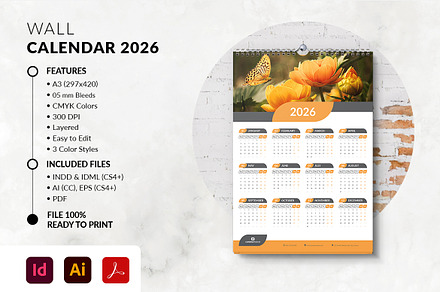 Wall Calendar 2026, a Stationery Template by MstArtwork