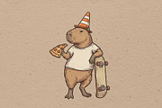 Capybara eating pizza skateboarding, an Animal Illustration by Vectorlina (Thumbnail 1 of 4)