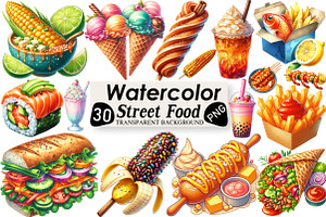 Watercolor Street Food Clipart, an Illustration by Black Bird Studio
