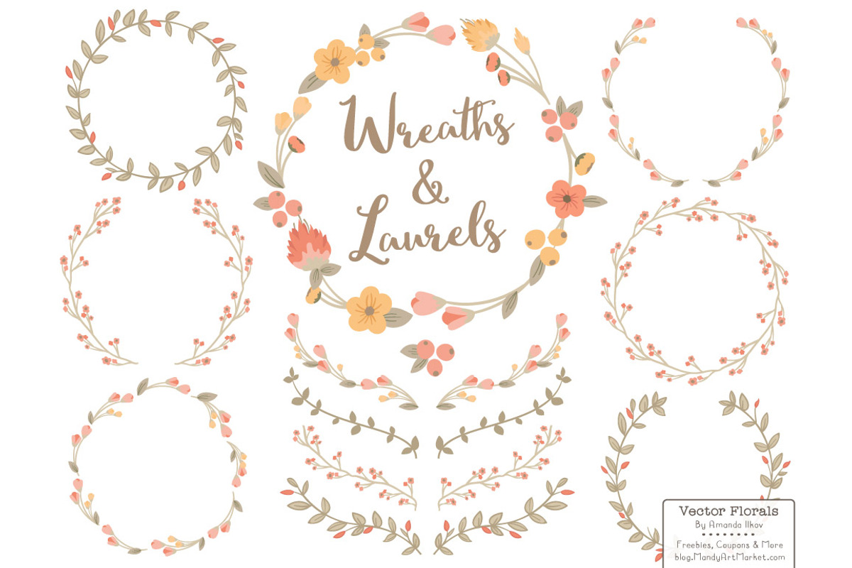 Antique Peach Vector Flower Wreaths, an Illustration by Amanda Ilkov (Photo 1 of 3)