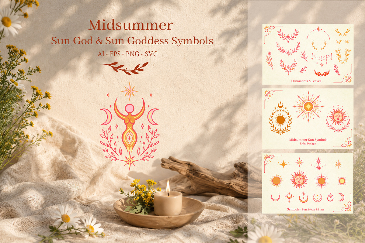 Midsummer Sun God & Goddess Symbols, a Seasonal Illustration by Christine Krahl (Photo 2 of 11)