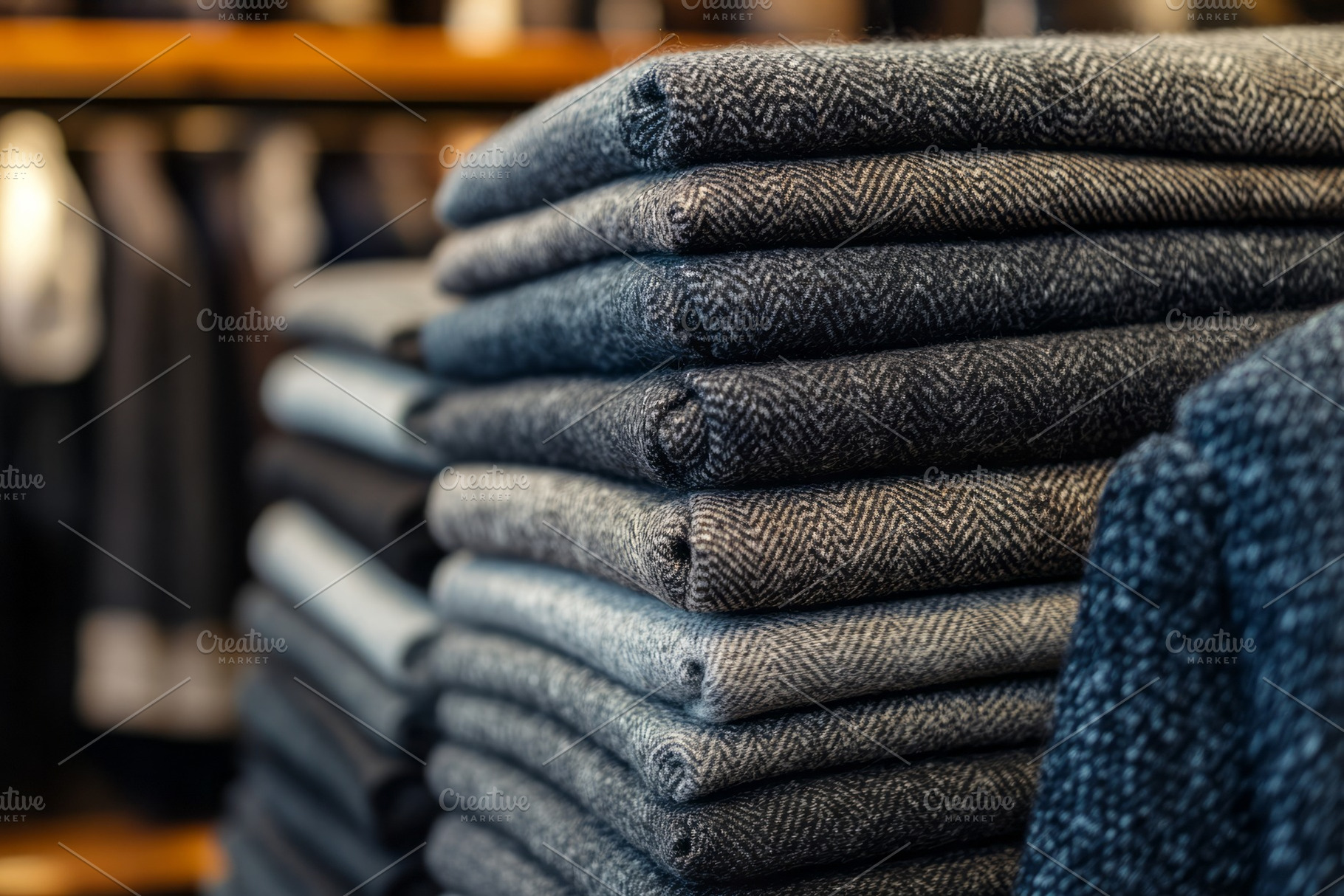 Close-up of neatly stacked herringbone-patterned fabric in shades of blue and g, a Background Photo by ImageMir