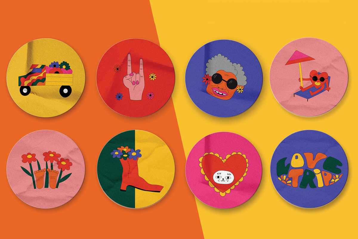 Psychedelic funky hippie stickers, an Illustration by okchizh (Photo 9 of 9)
