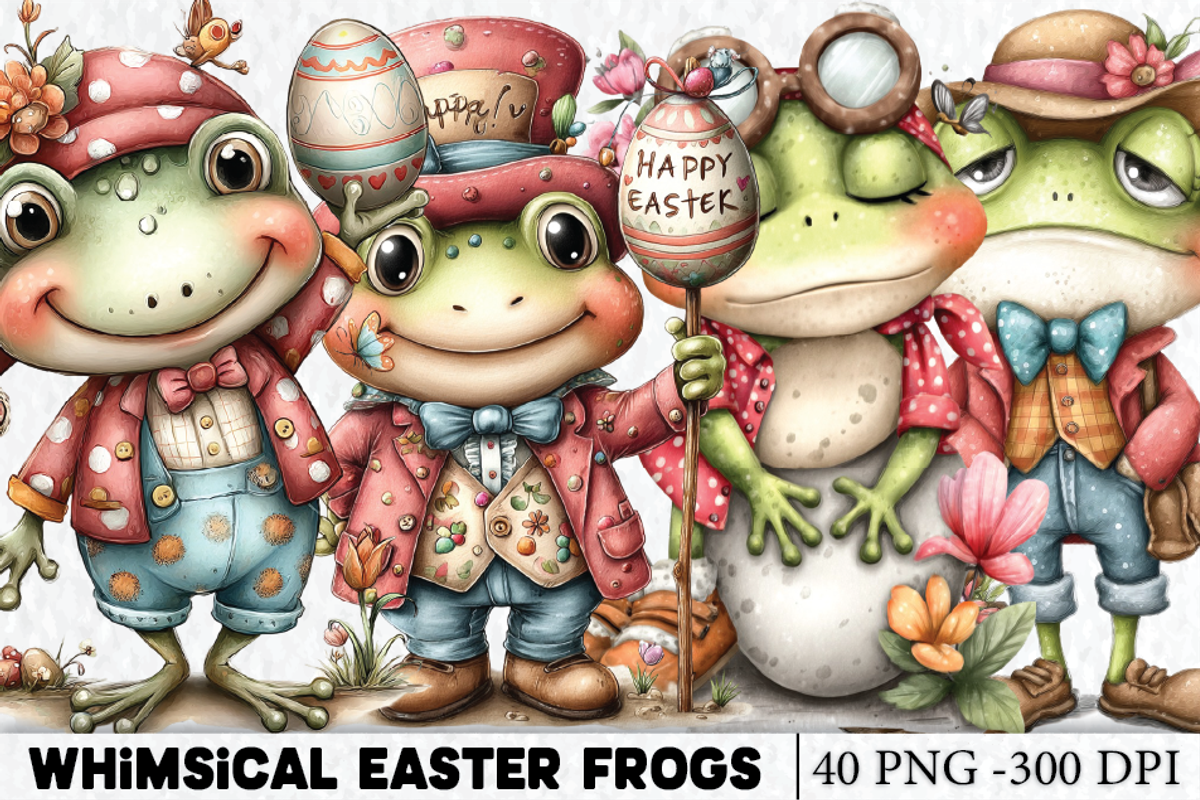Whimsical Easter Frogs Clipart, a Seasonal Illustration by HueNestify (Photo 1 of 3)