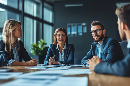 Professional team collaborating in a, a Background Photo by Pixeness