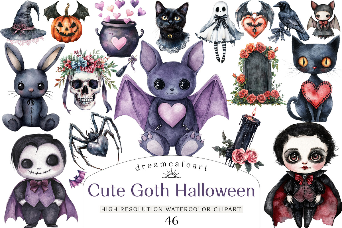 Cute Goth Halloween Clipart, an Illustration by DreamCafeArt (Photo 1 of 5)