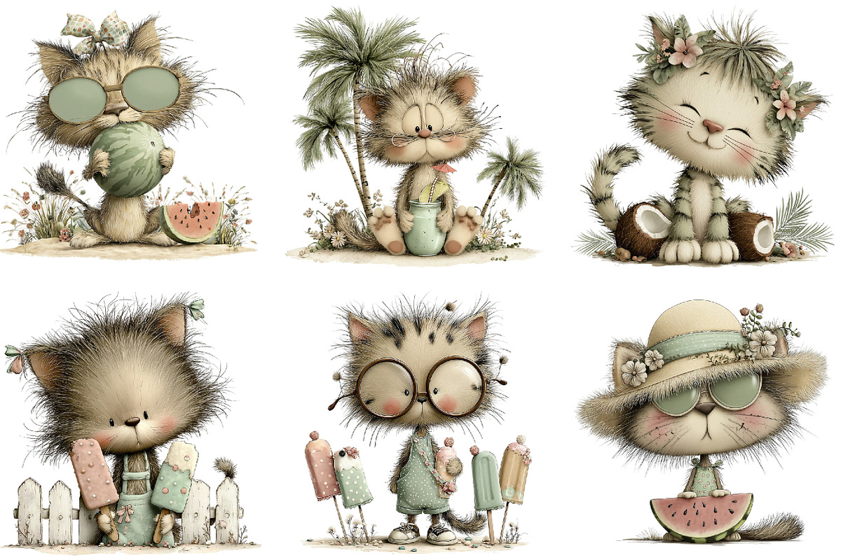 Whimsical Summer Cat Clipart, an Animal Illustration by Black Bird Studio (Photo 6 of 6)