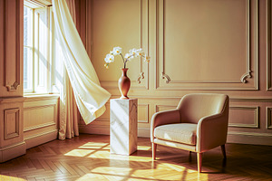 Sunlit velvet armchair with orchid, a Photo by rarrarorro
