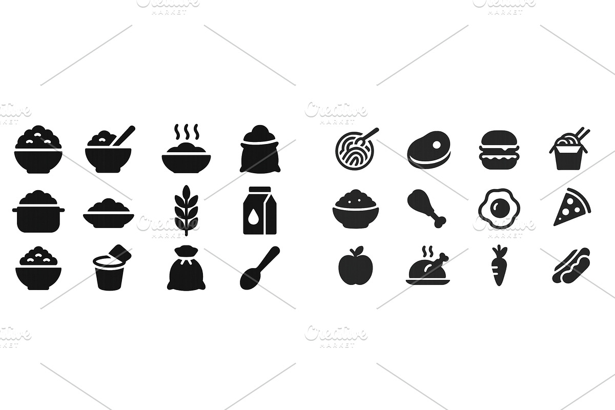 Various food icons including bowls, a Food Illustration by ZinetroN