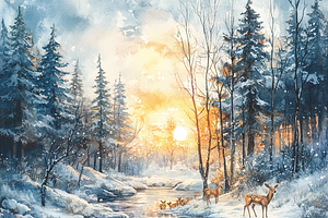 Watercolor Frozen River Forest