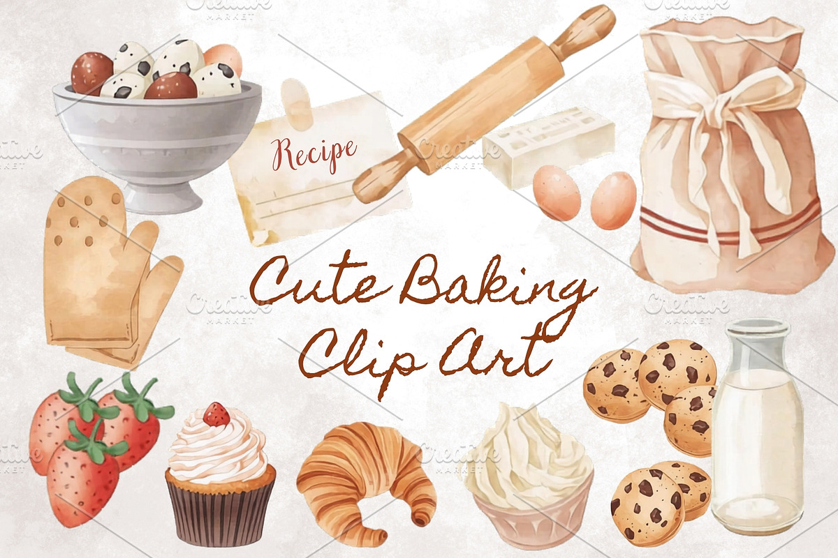 Baking Clipart | 14 Watercolor Items, a Food Illustration by Sunny Jar Designs (Photo 1 of 3)