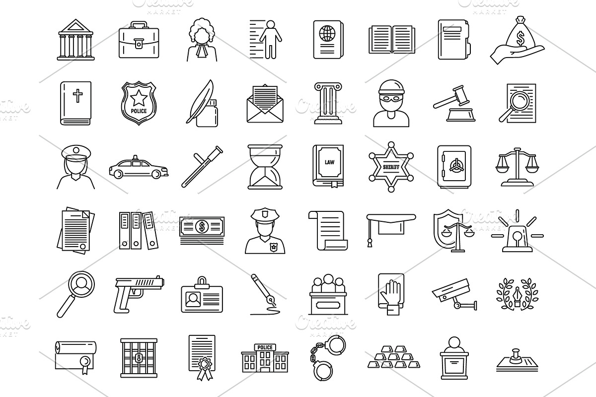 Justice legal icons set, outline, an Object Illustration by Ylivdesign