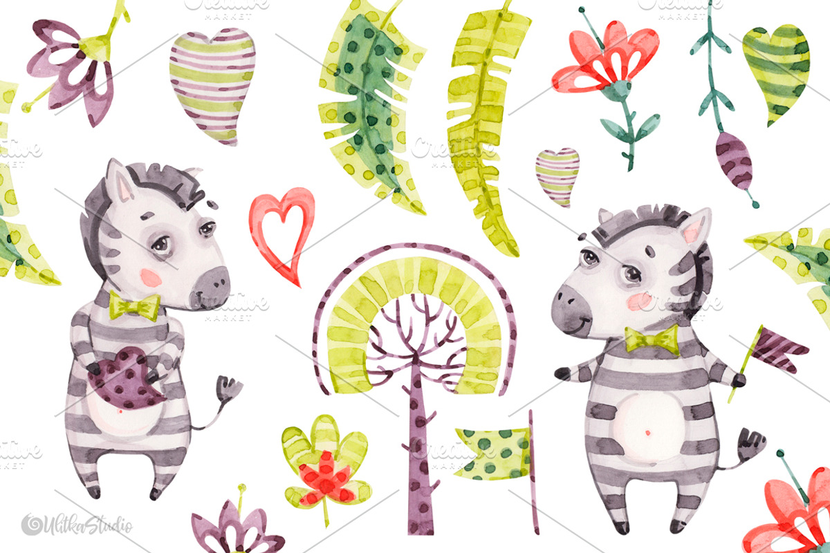 Watercolor nursery cute Zebra friend, an Animal Illustration by UlitkaStudio (Photo 3 of 11)