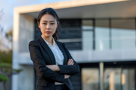 Confident asian woman real estate agent in suit stands behind a, a Person Photo by AlyaAnd