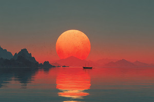 Massive glowing sun setting behind mountains over calm sea with, a Nature Photo by José Manuel Gelpi