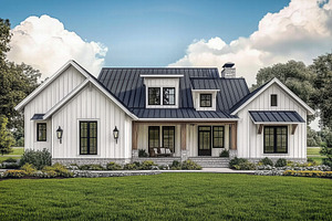 A modern farmhouse with a white exterior, black metal roof, and large windows., an Architecture Photo by Textures & Backgrounds