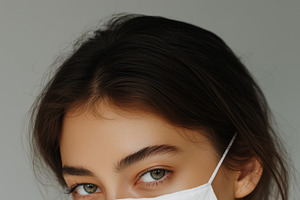 A young woman wearing a white face mask mockup, with natural makeup and soft li, a Mask Mockup by Textures & Backgrounds