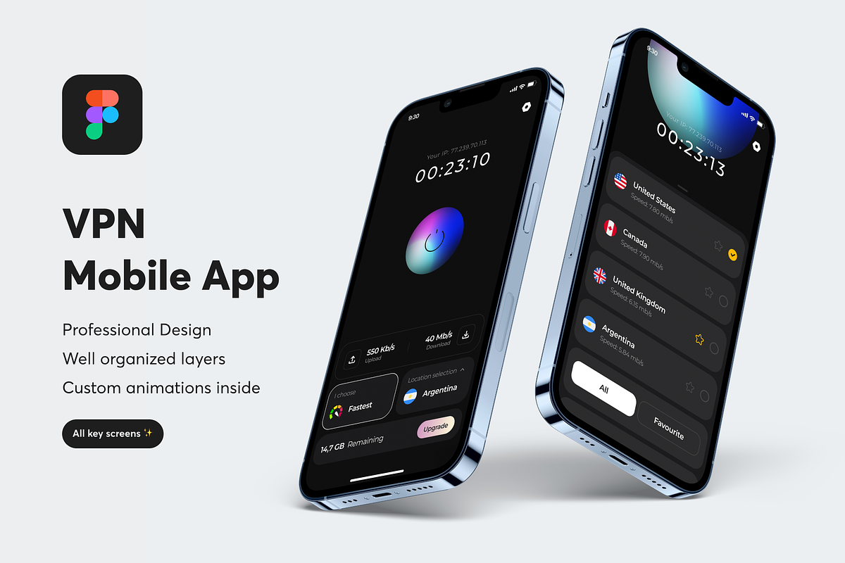 VPN App | Mobile App UI Kit, an UI Kit Template by yoframe (Photo 1 of 5)