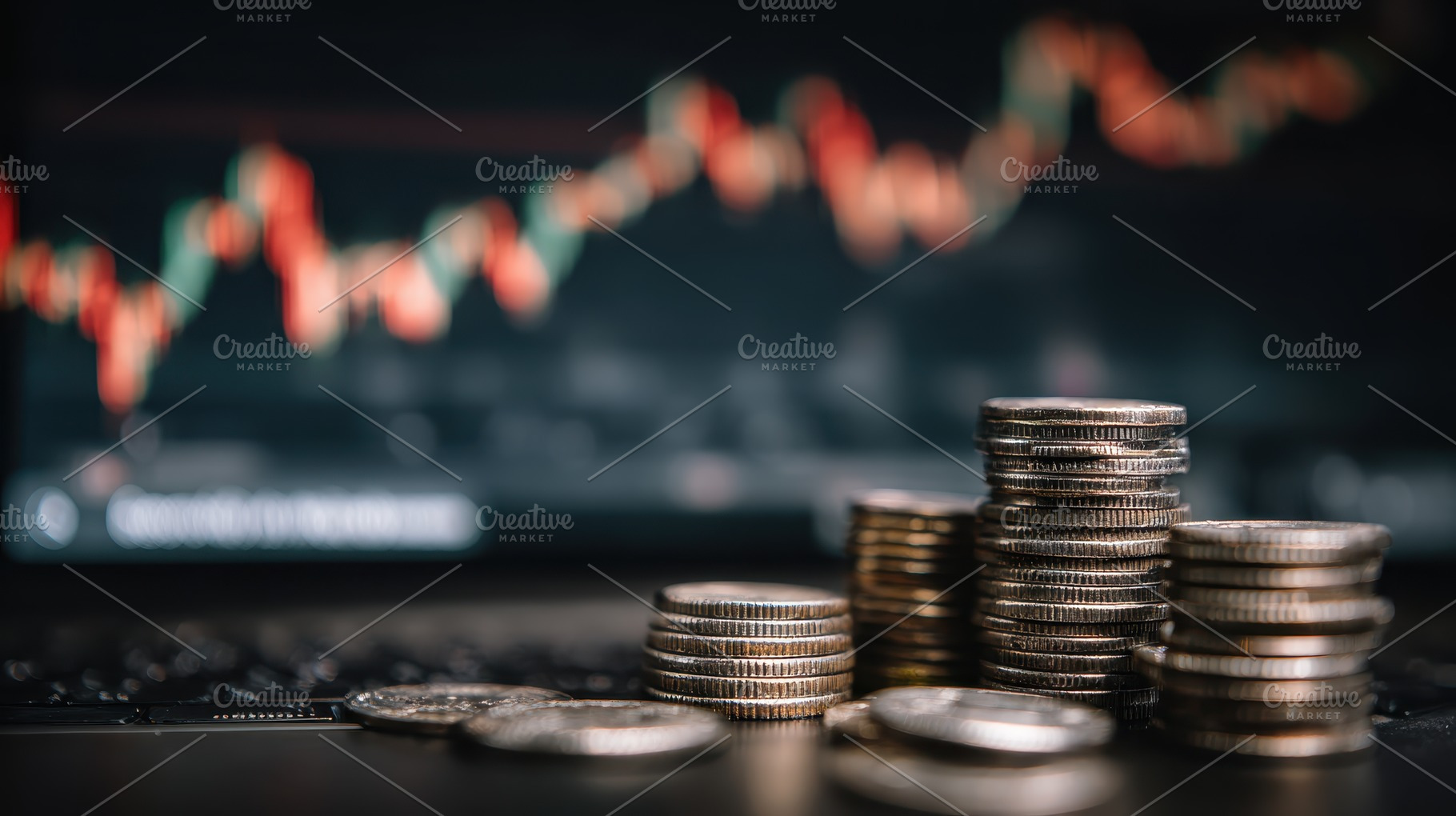 Stacks of coins and stock market gra, a Photo by Pixeness Studio