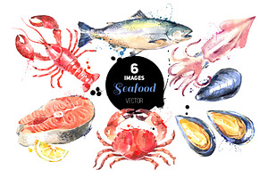Watercolor Sketch Seafood Vector Set