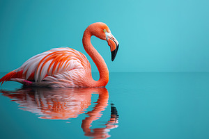 Vibrant pink flamingo floating on turquoise water with clear ref, an Animal Photo by José Manuel Gelpi