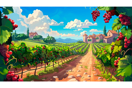Vineyard Landscape Cartoon, an Illustration by LadadikArt