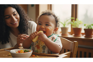 A cheerful baby sitting in a high, a Food & Drink Photo by Igor Tichonow