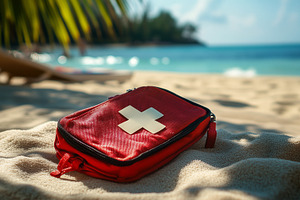 First aid kit on a sandy tropical, a Health & Medical Photo by MistyDay