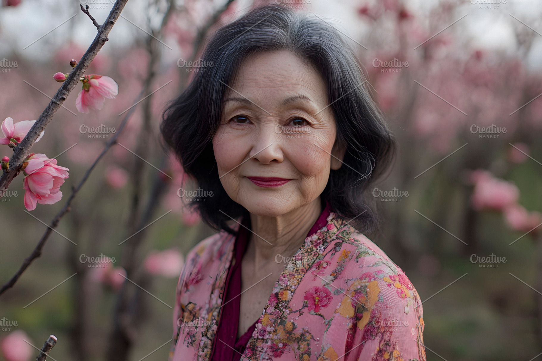 senior asian woman in cherry field, generative AI, a Photo by Nito
