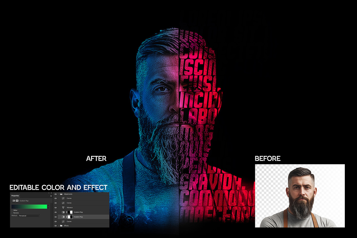 Text Portrait Photoshop Effect FX v1, a Brushes & More by INTENTFX (Photo 5 of 10)