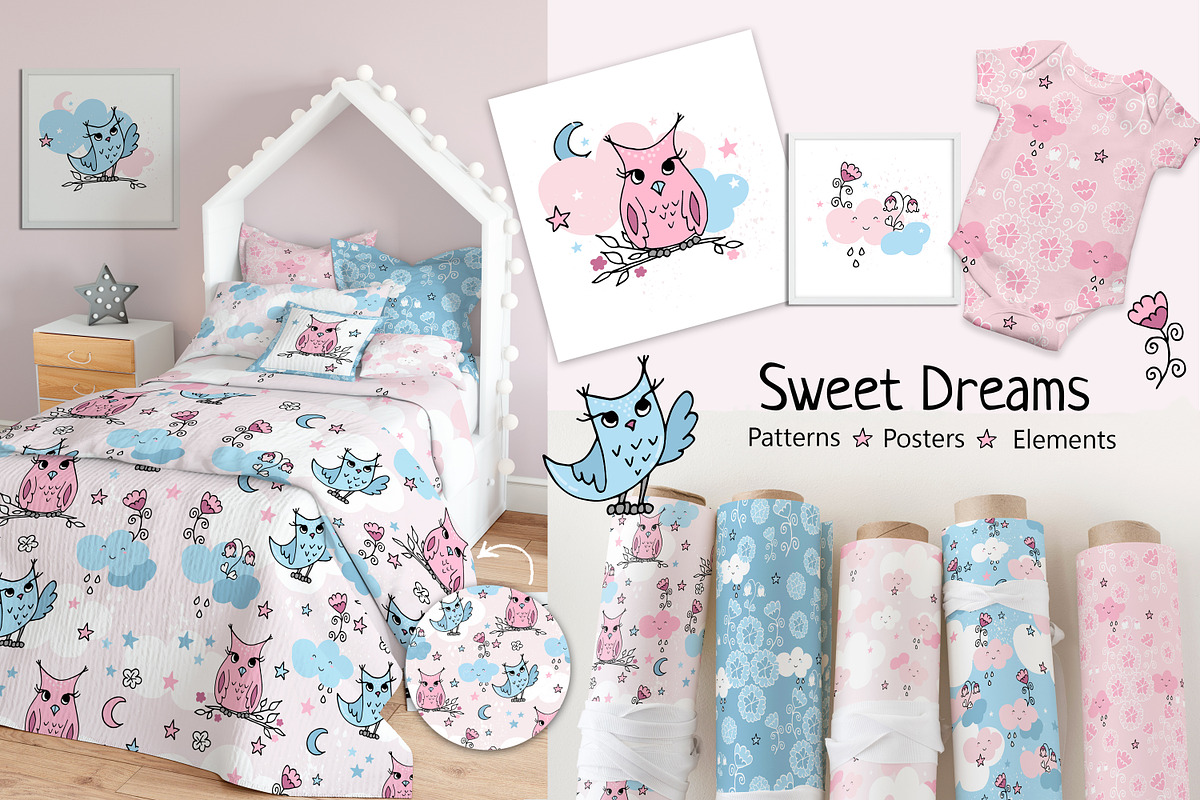 Cute baby owls and nursery patterns, a Pattern Graphic by Jermolina Mockups (Photo 1 of 7)