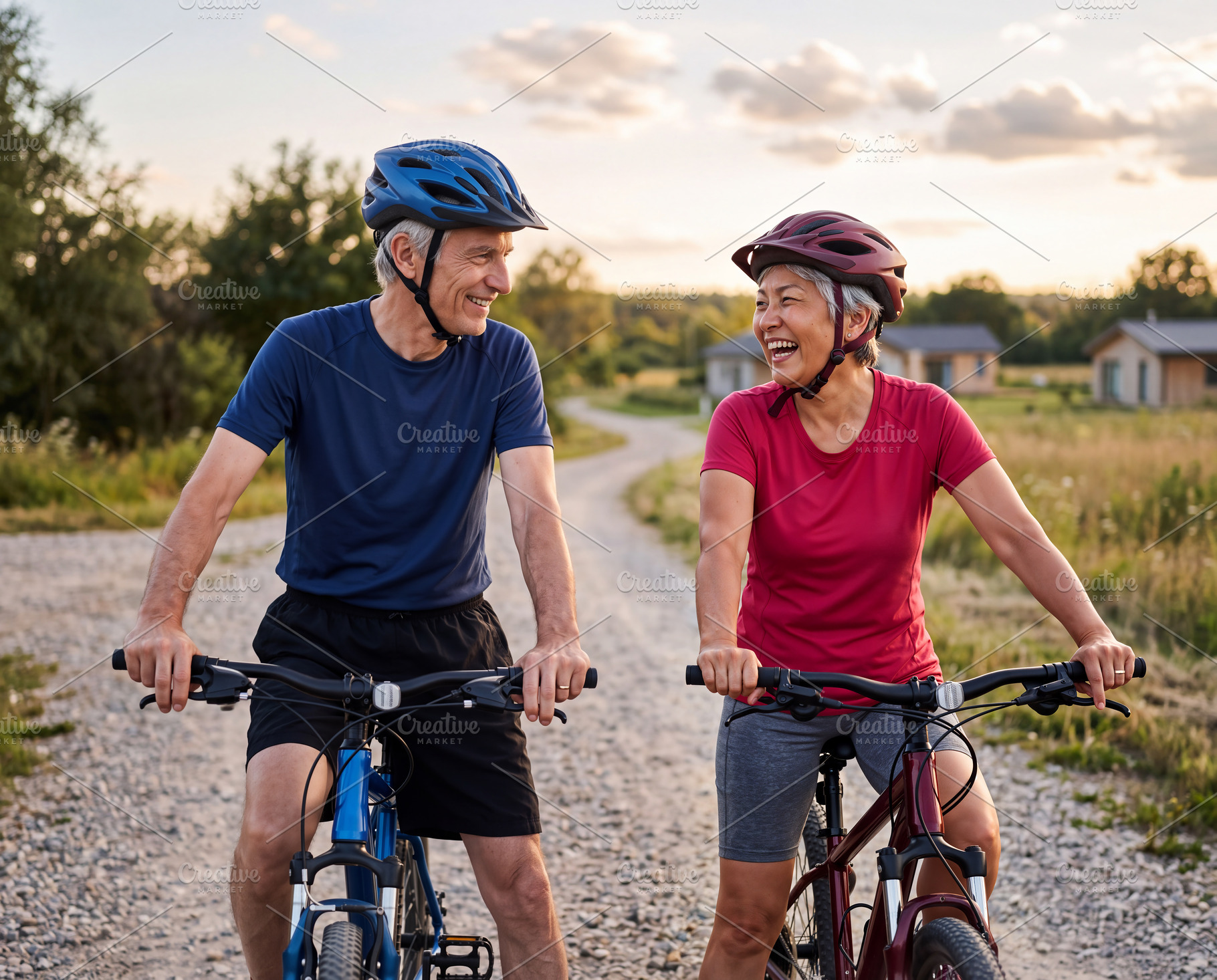 Close up of cheerful senior caucasian man and asian woman standi, a Sports & Recreation Photo by Volff