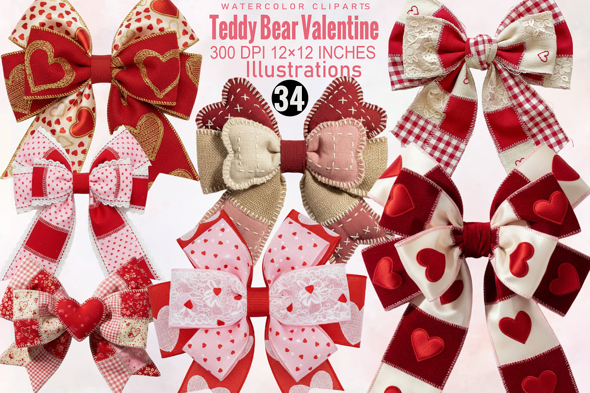 Valentine Patchwork Bow Clipart Bund, an Illustration by SVGArt (Photo 1 of 8)