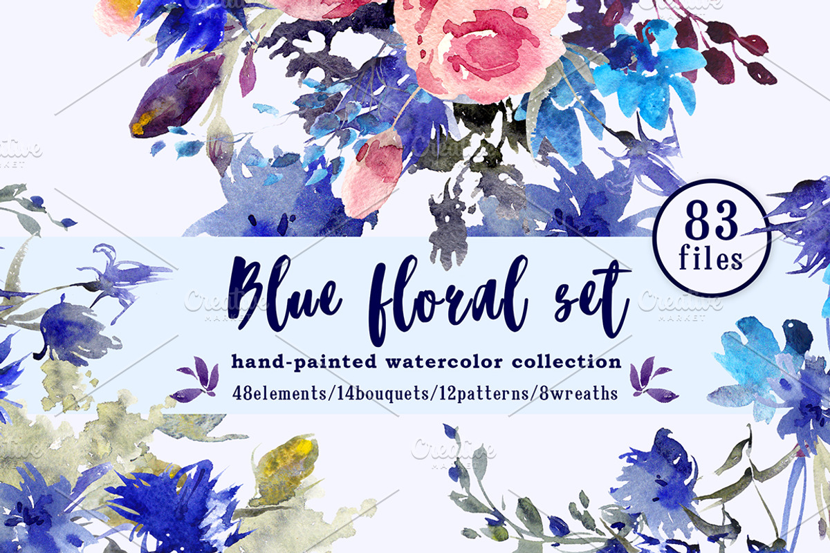 Blue floral watercolor set, a Decorative Illustration by Tamaretto (Photo 1 of 9)