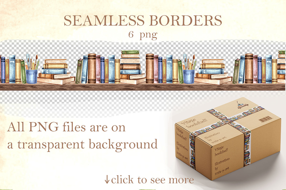 Vintage bookshelf watercolor clipart, an Education Illustration by susie-p-art (Photo 10 of 13)