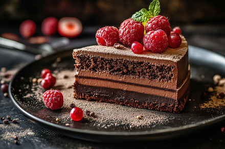 A slice of rich chocolate cake topped with fresh raspberries and mint leaves, s, an Arts & Entertainment Photo by Textures & Backgrounds