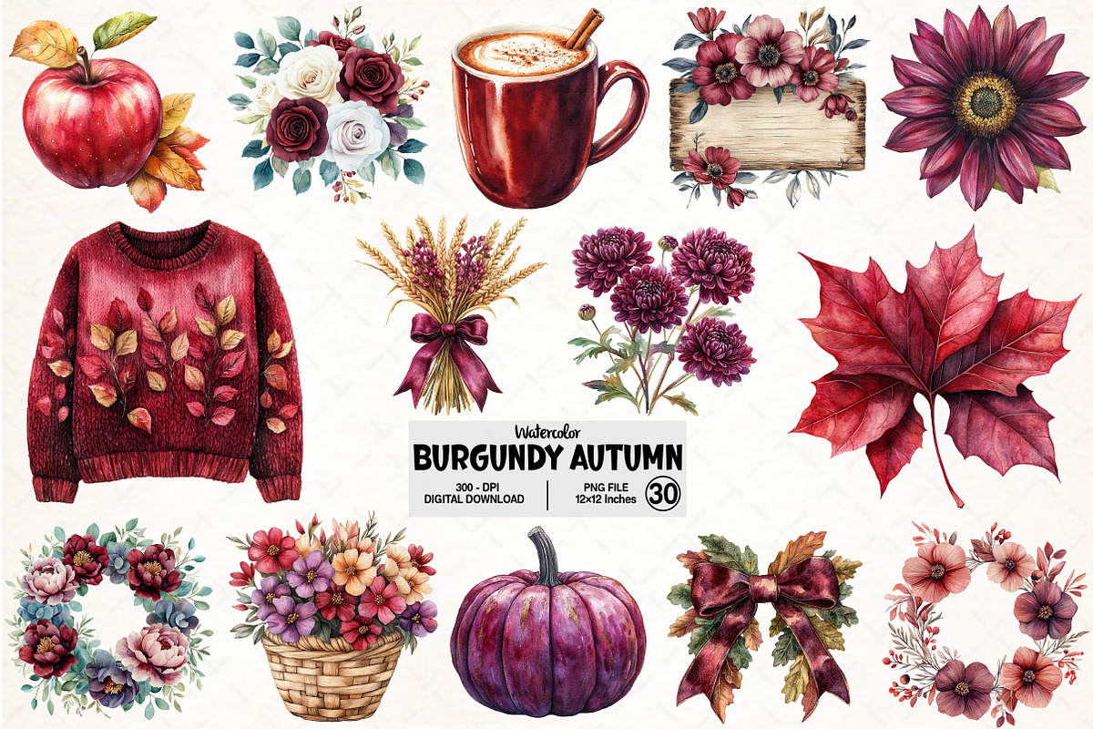 Watercolor Burgundy Autumn Clipart, an Illustration by Pixels.Craft (Photo 1 of 7)