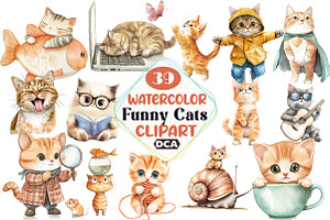 Watercolor Funny Cats Clipart, an Illustration by DreamCafeArt