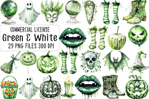 Green & White Halloween Clipart, an Illustration by CraftArtStudio