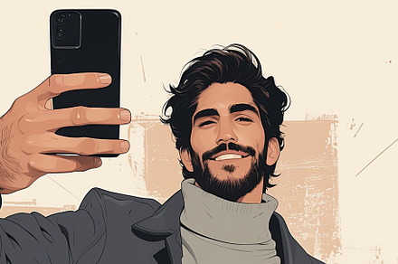Stylish man taking selfie in urban background with confident expression, an Illustration by AS photostudio