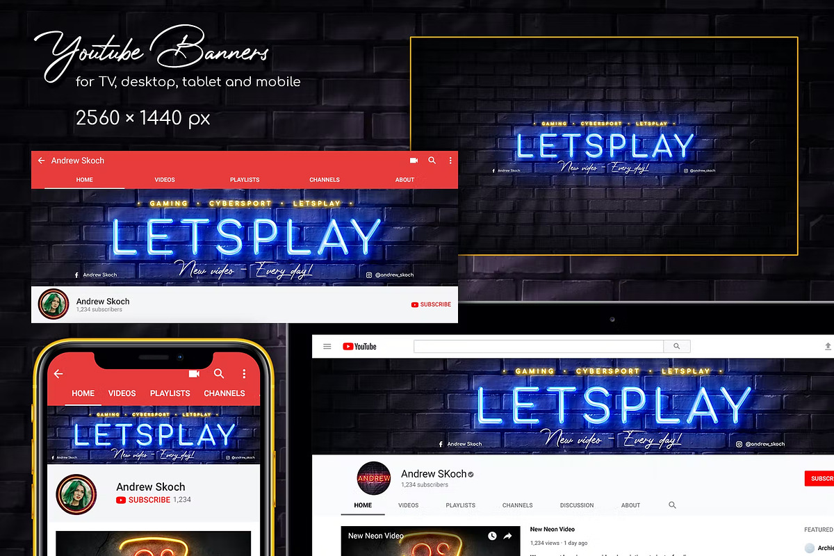 Neon YouTube Channel Art, a Social Media Template by Andrew Skoch Design (Photo 3 of 4)