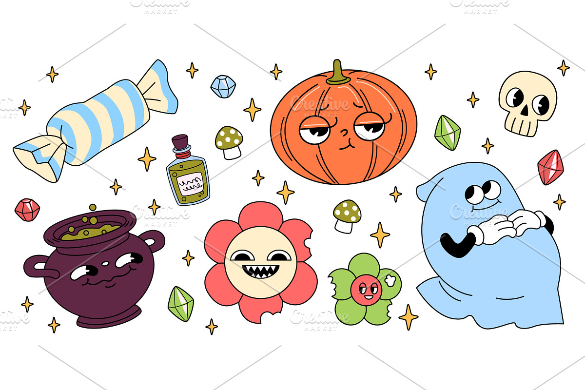 Groovy Halloween icons isolated on, an Illustration by art PVP - market