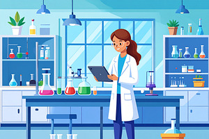 Teenage girl in a lab coat working alone on a science experiment, an Education Illustration by DanFLCreativo