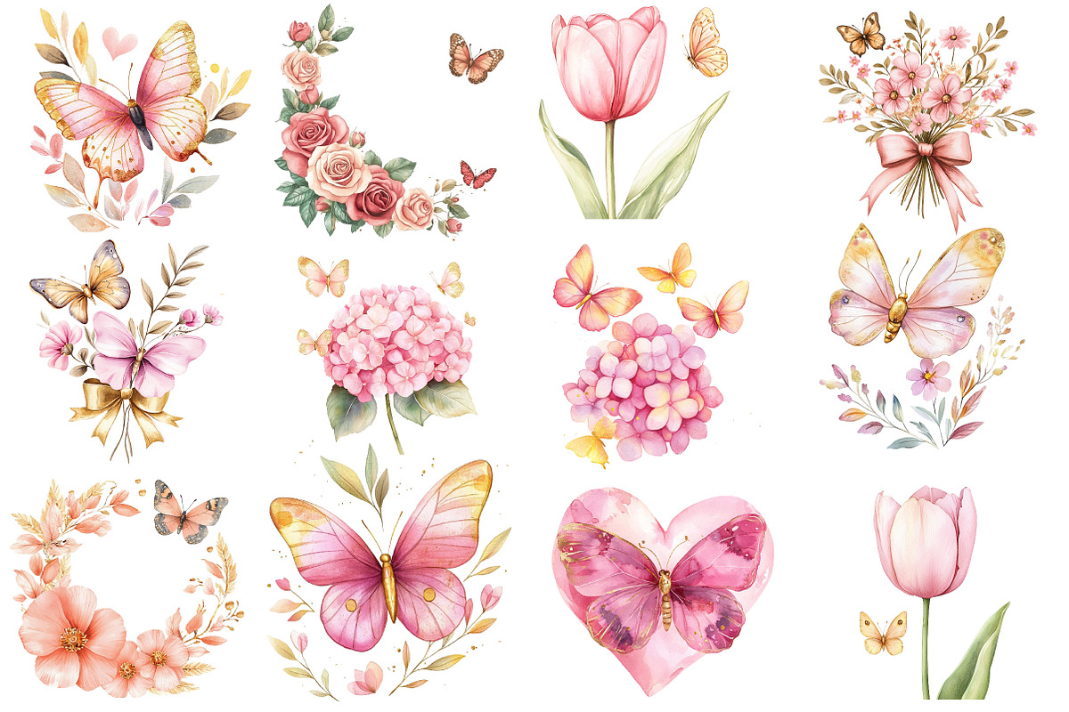 butterfly and Flower Clipart, an Illustration by Watercolor design (Photo 2 of 5)
