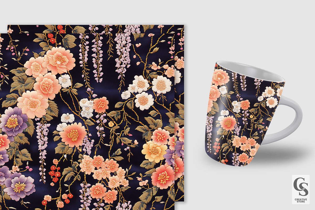 Japanese Floral Embroidery Pattern, a Pattern Graphic by Creative Store (Photo 2 of 5)
